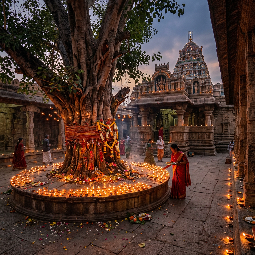 People performing a ritual around a sacred tree decorated with flowers, lamps, and orange threads in a temple courtyard at dusk