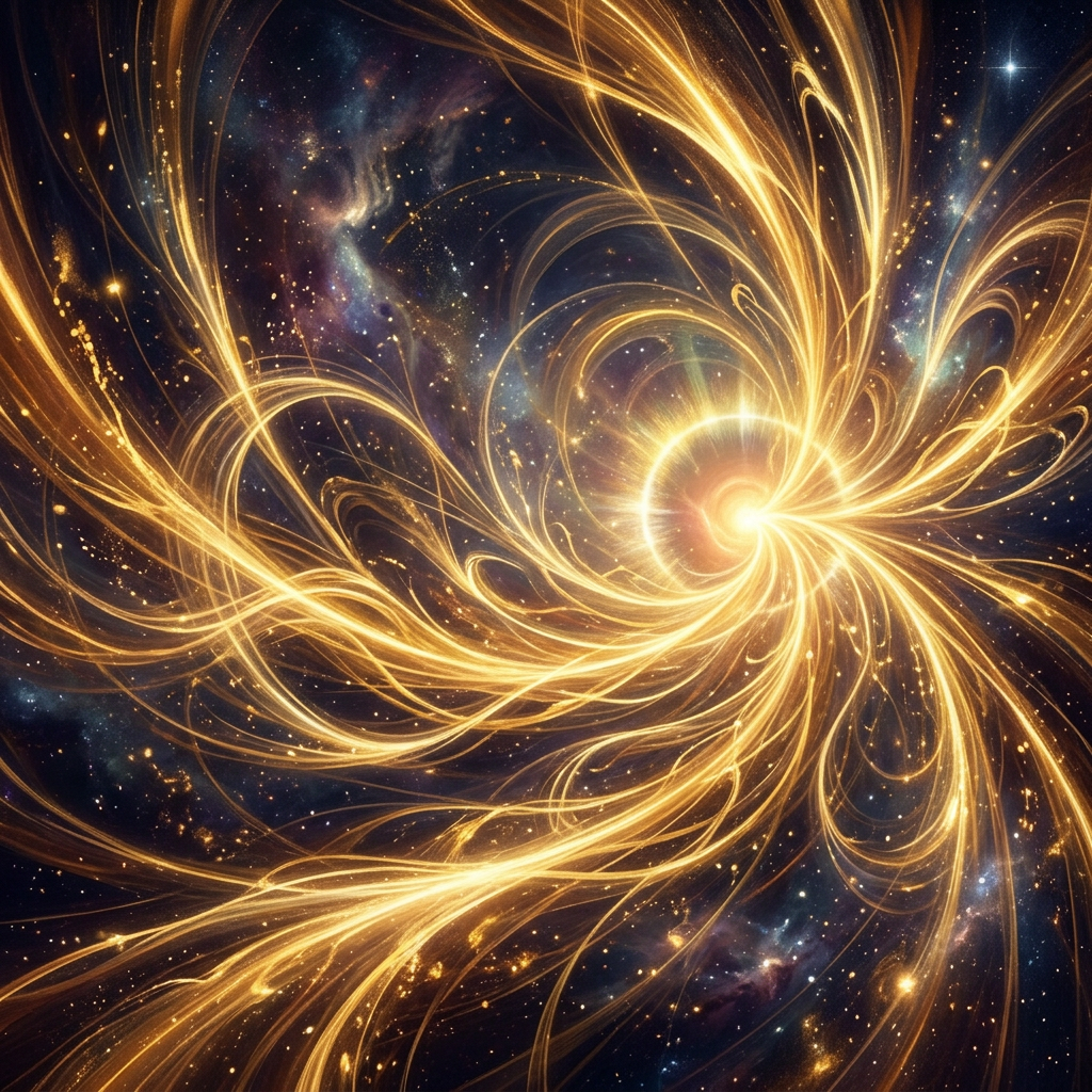 Golden swirling energy lines forming a spiral in space with stars