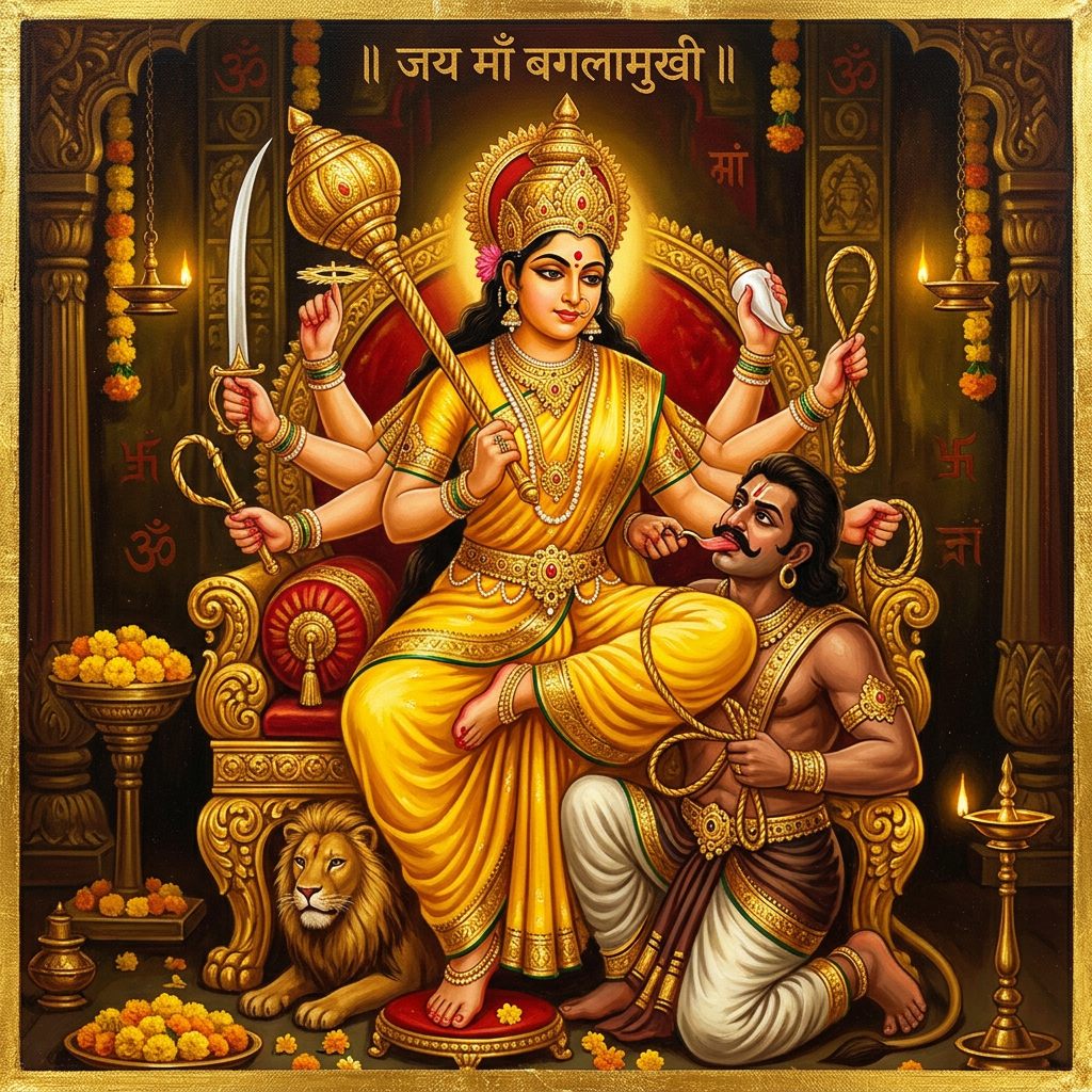 Goddess Baglamukhi seated on throne with six arms holding weapons and a devotee kneeling by her side