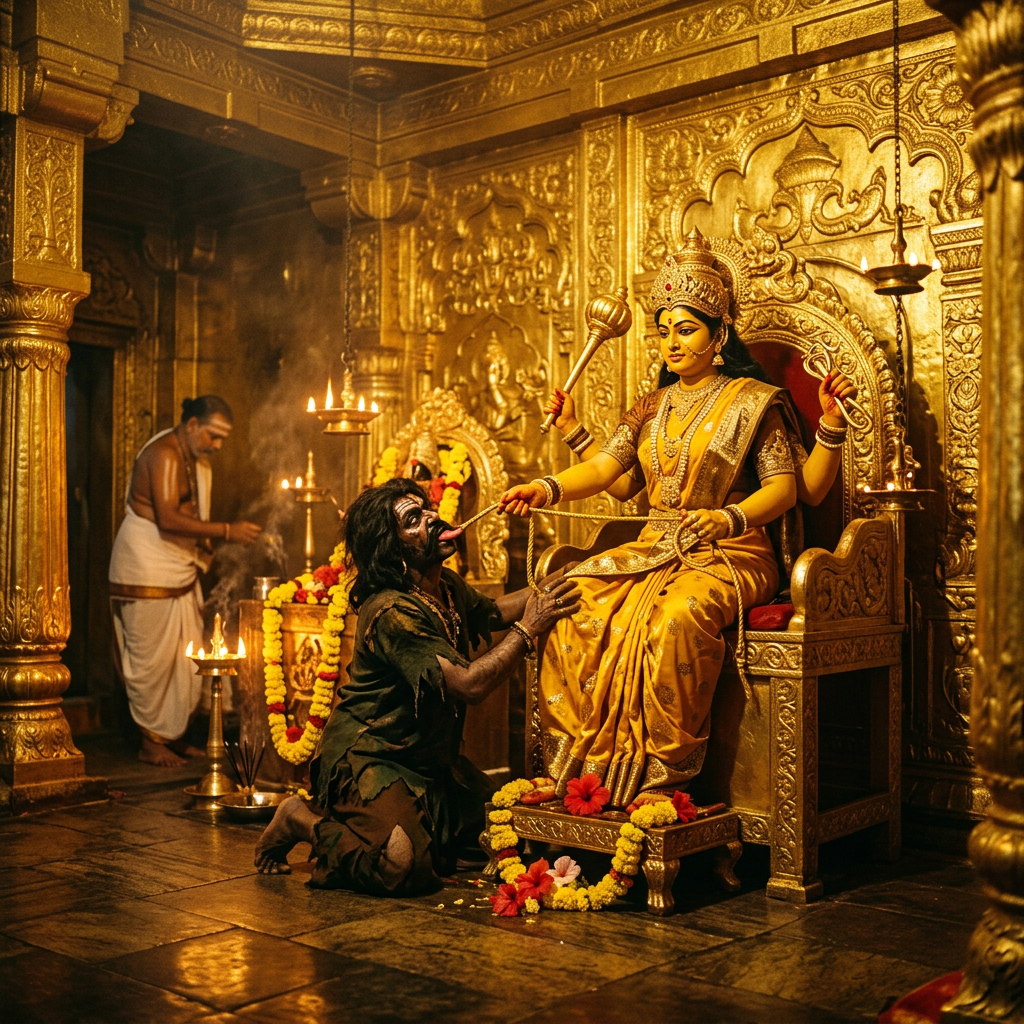 Devotee with painted face kneeling before Hindu goddess statue in gold temple