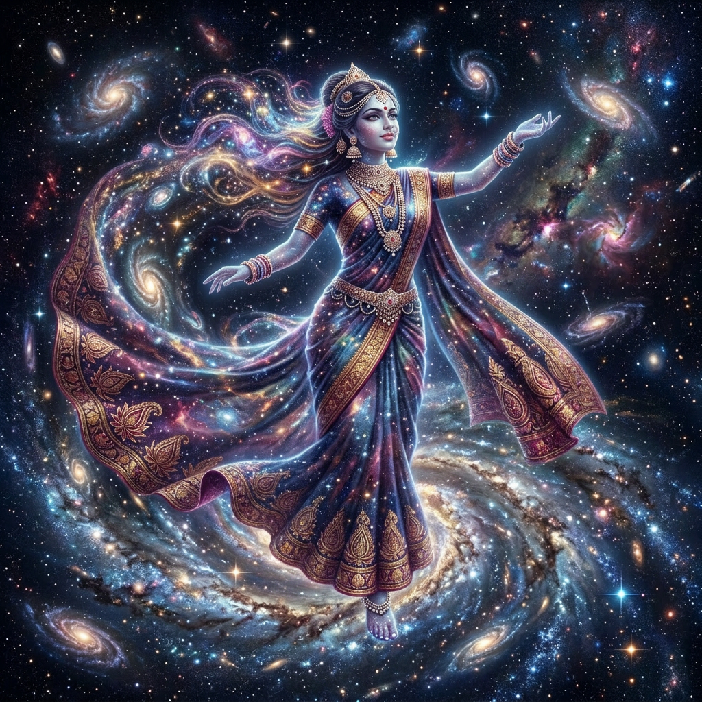 Ethereal female figure composed of swirling galaxies and stars