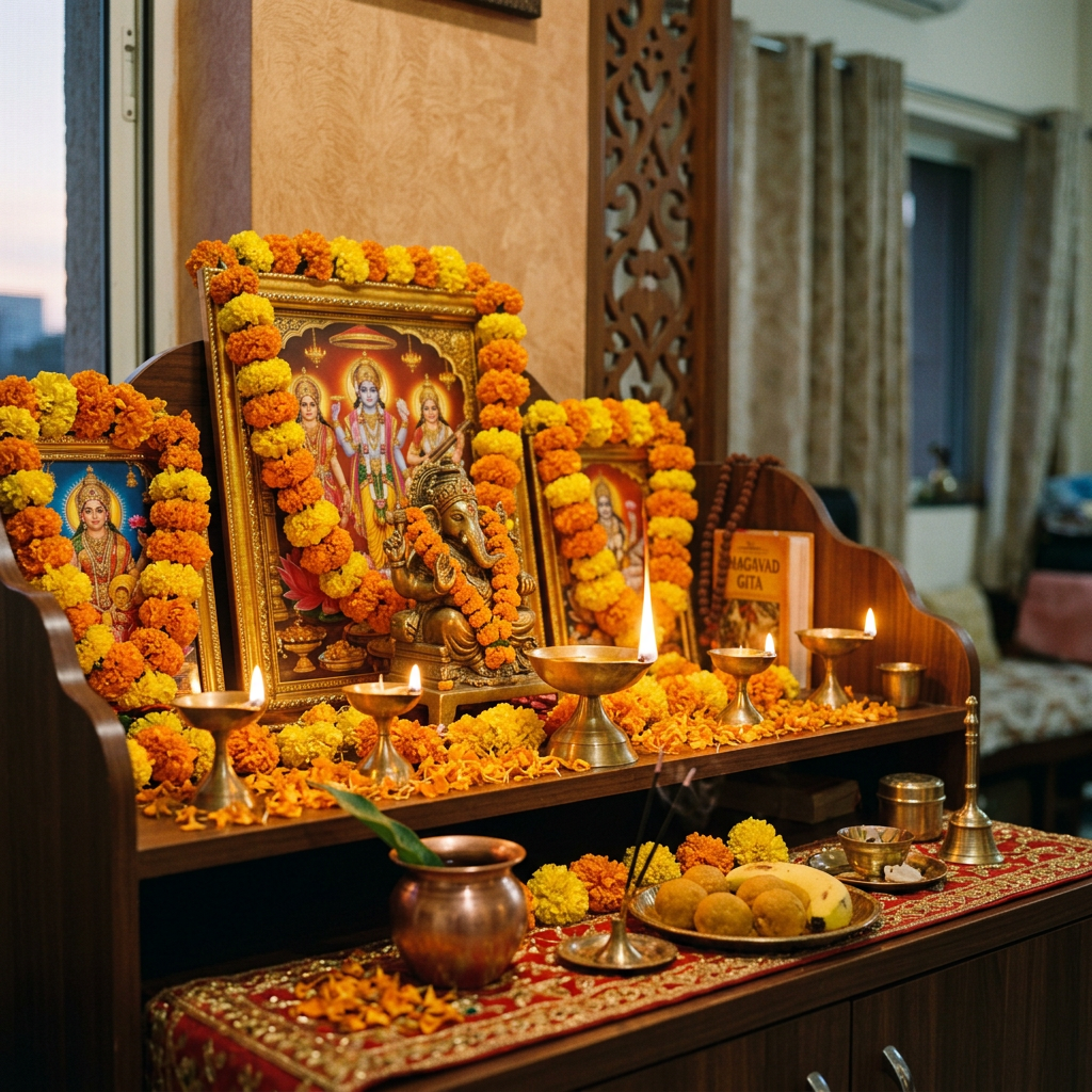 Hindu altar with images of deities, marigold flower garlands, brass lamps, and offerings