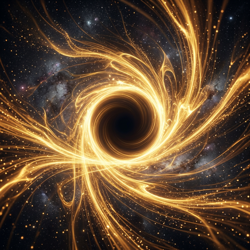 Black hole with swirling golden glowing energy streams in space