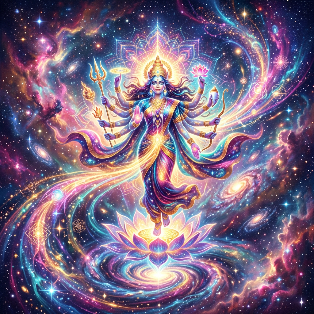 Hindu goddess Durga with multiple arms holding weapons and lotus, surrounded by stars and galaxies