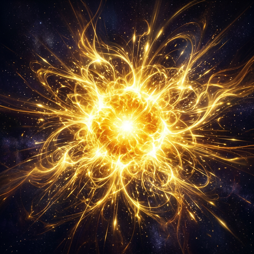 Bright golden cosmic explosion with swirling energy streams in dark space