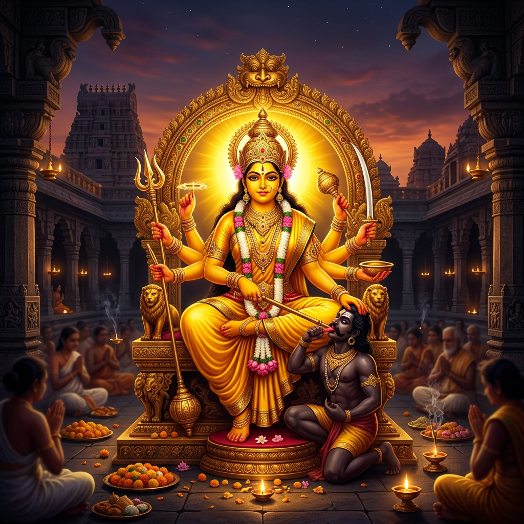 Hindu goddess with multiple arms seated on throne holding weapons and a devotee kneeling before her