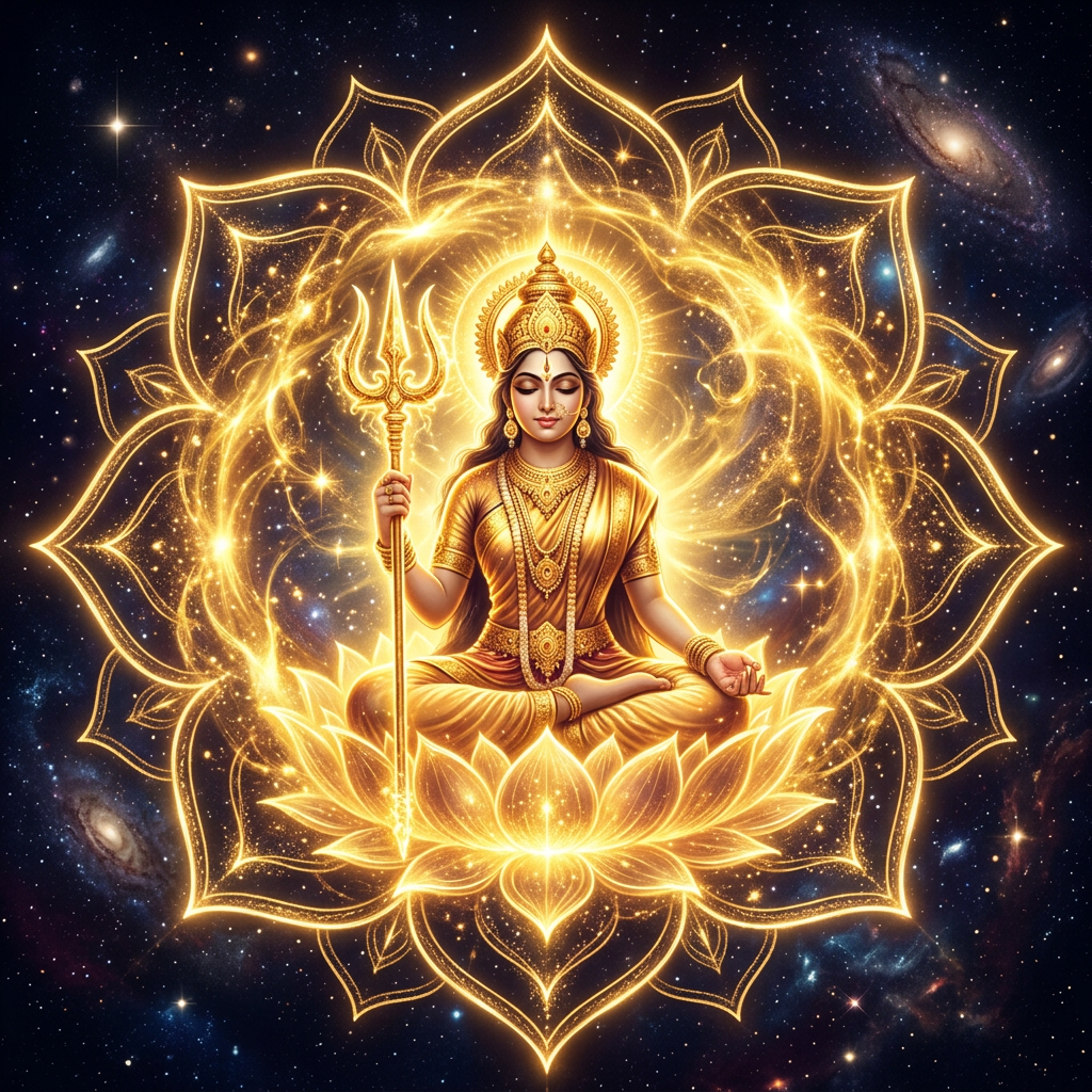 Golden aura with trident and lotus outline