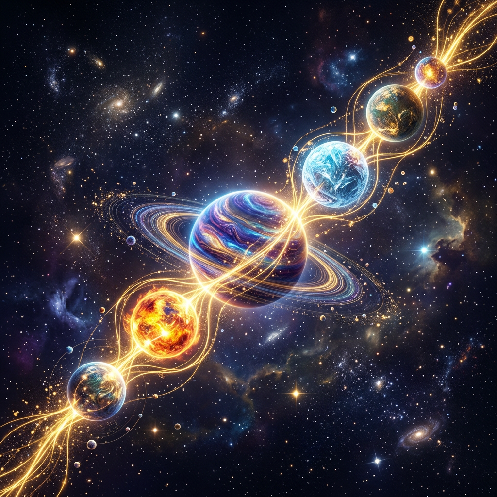 Planets aligned in space connected by luminous golden energy strands amid stars and galaxies