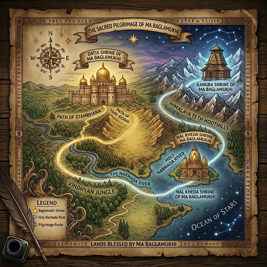 Fantasy map depicting temples, forests, mountains, rivers, and mystical paths