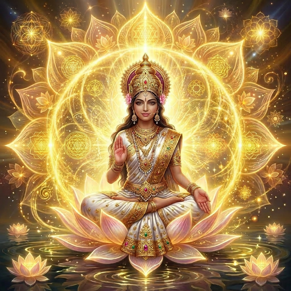Woman meditating cross-legged on glowing lotus with golden spiritual symbols