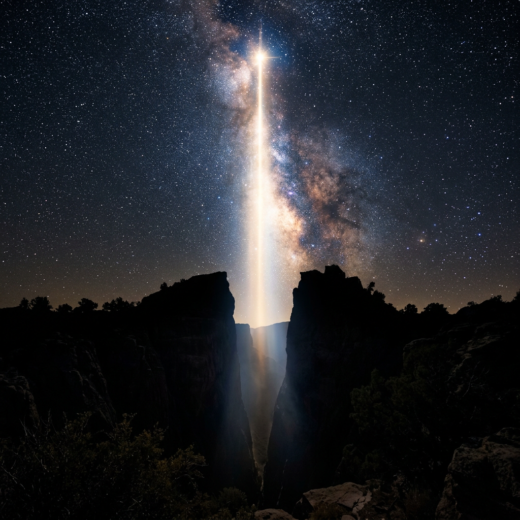 Bright light beam ascending between dark canyon cliffs under the starry Milky Way