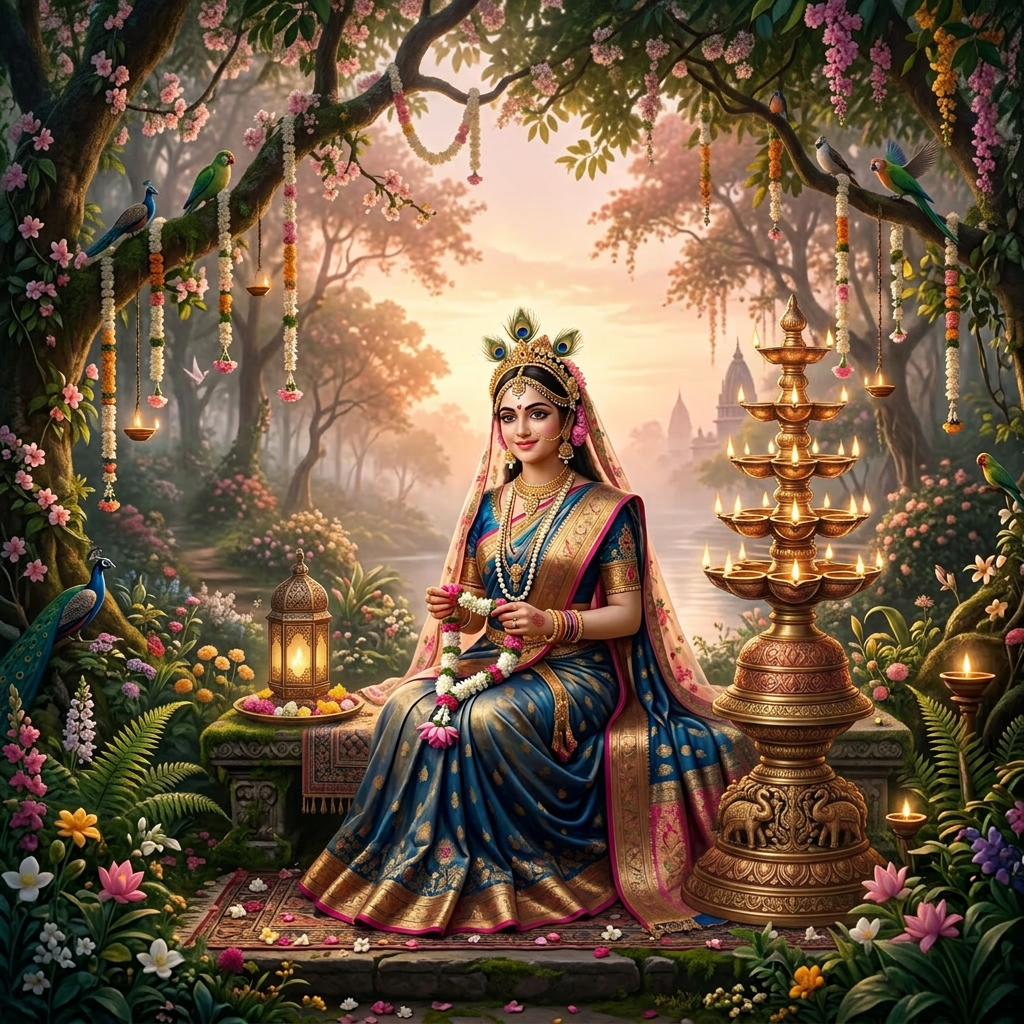 Indian bride in blue and gold saree holding a flower garland seated in floral garden