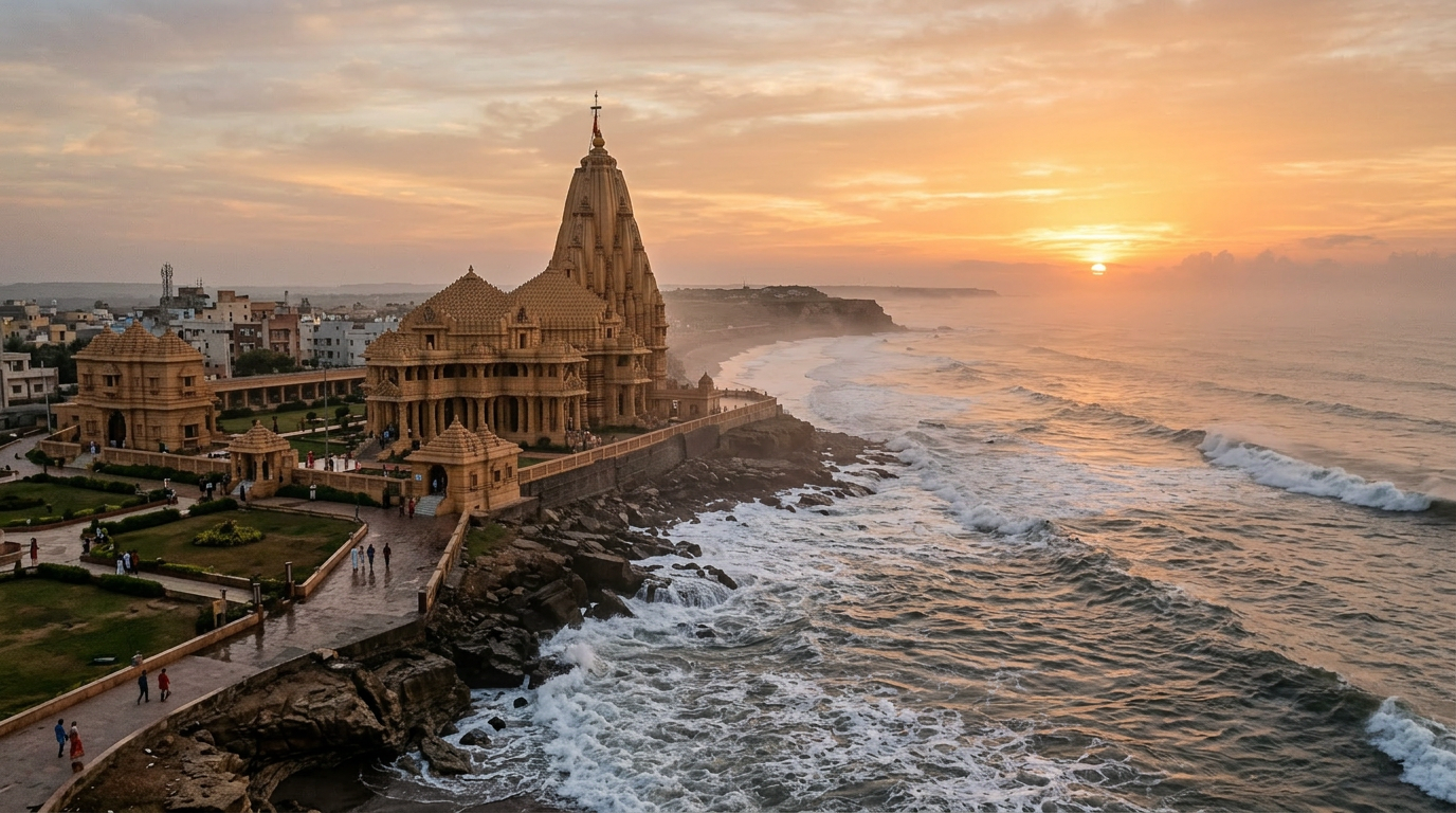 Ancient temple complex by rocky ocean shore at sunset