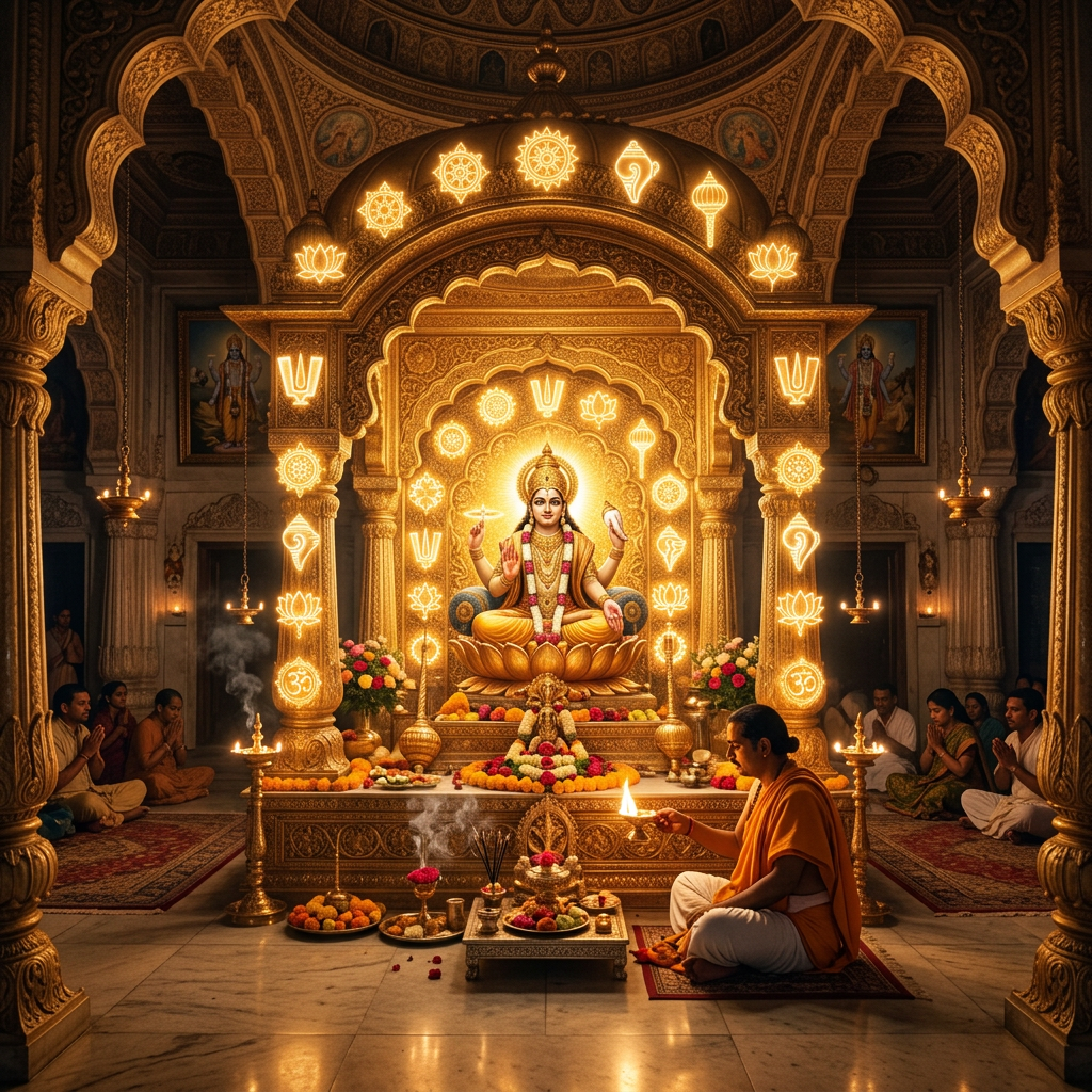 Hindu priest conducting puja ritual before illuminated goddess statue surrounded by devotees