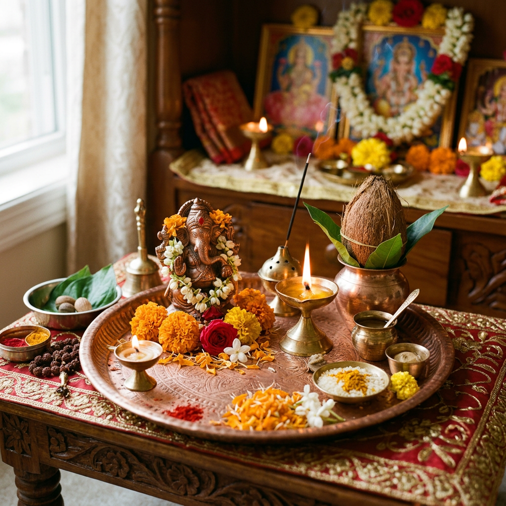 Copper plate with Ganesha idol, flowers, oil lamps, coconut, incense, and ritual items on wooden table