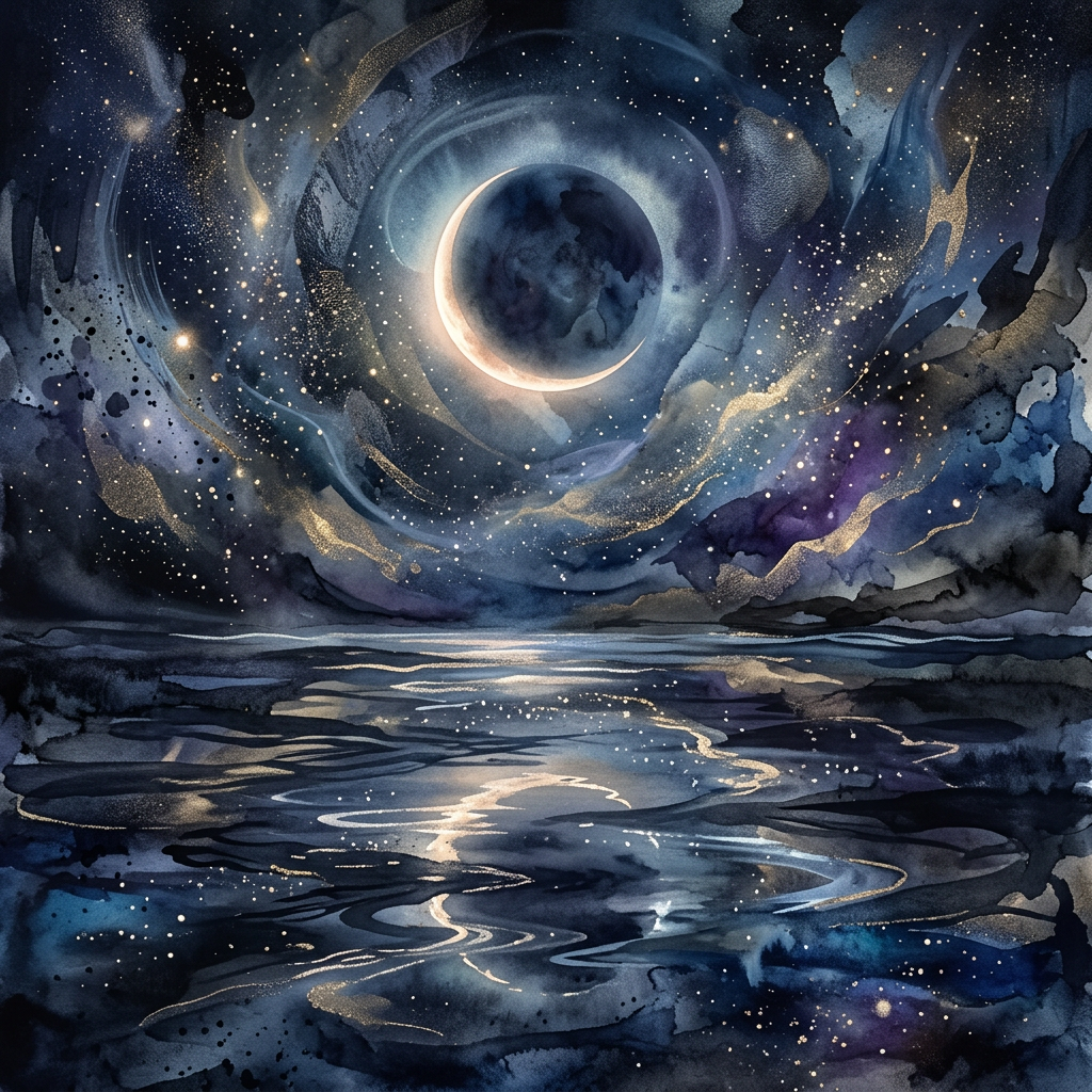 Crescent moon eclipsed by dark shadow over shimmering ocean with swirling starry sky