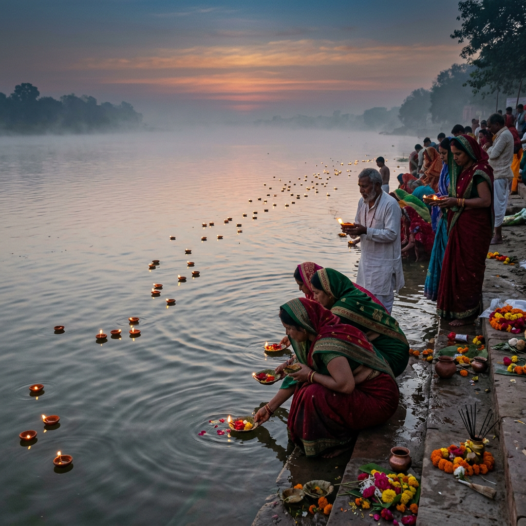 People in colorful clothing releasing floating lamps onto a river at sunset