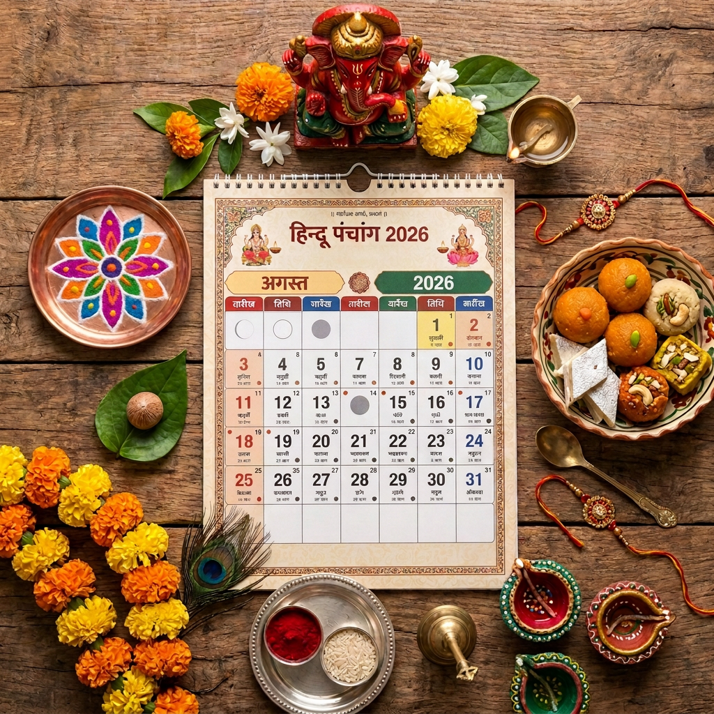 Hindu Panchang 2024 calendar with marigold flowers, diya lamps, sweets, and a Ganesha idol