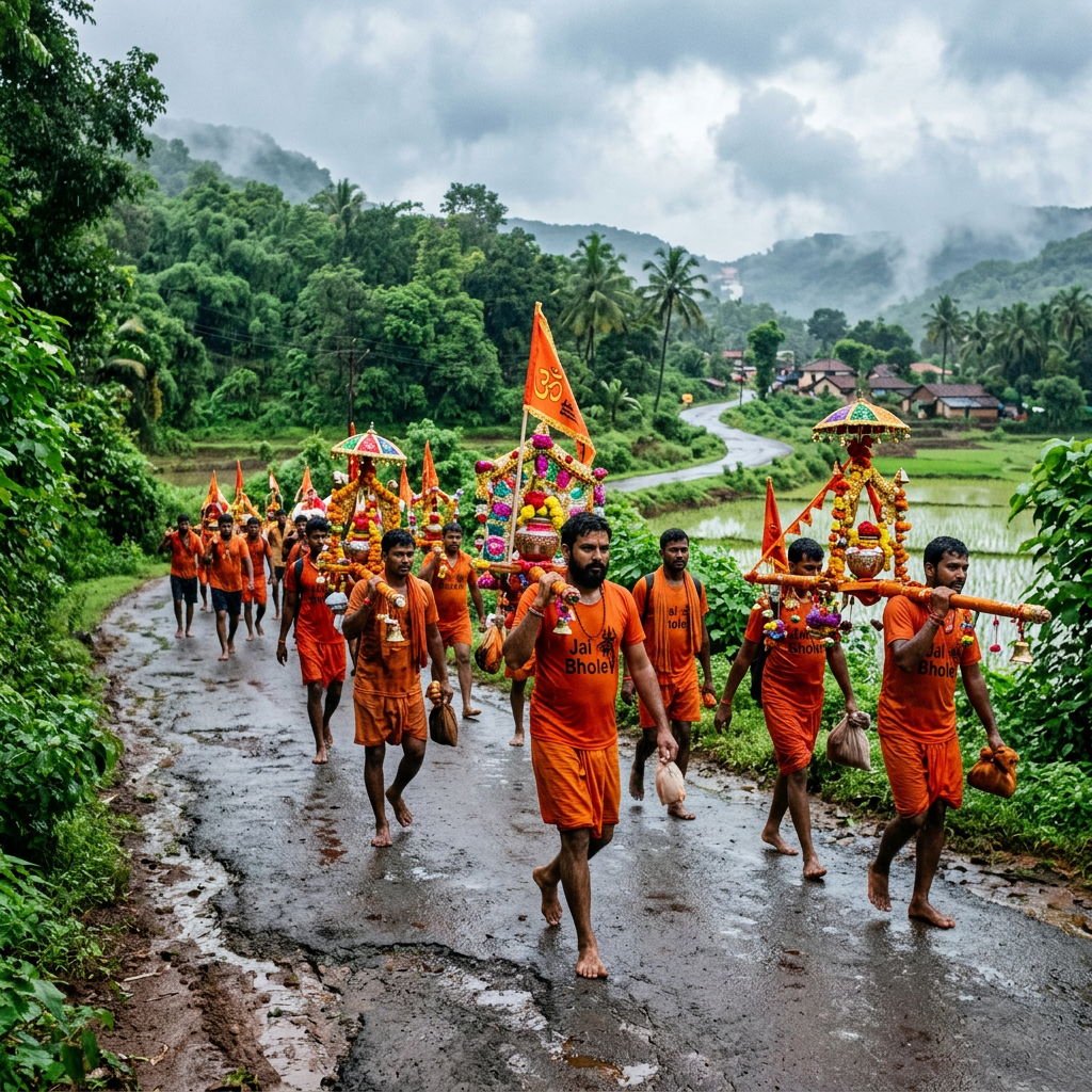 Group of barefoot men in orange clothing carrying colorful decorated religious structures on a wet rural road
