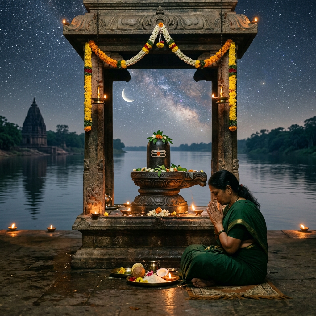 Woman in green sari praying before a Shiva statue adorned with a yellow cloth and flowers inside a temple.