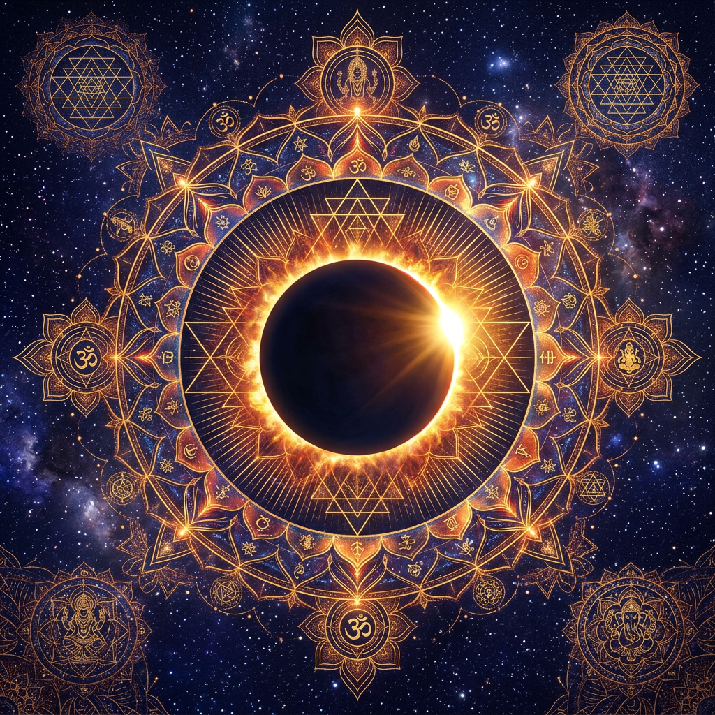Solar eclipse with golden mandala and spiritual symbols on a starry background
