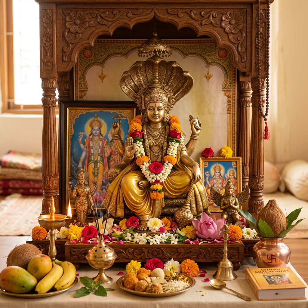 Garlanded Hindu deity shrine with flowers, offerings, lamps, and sacred images