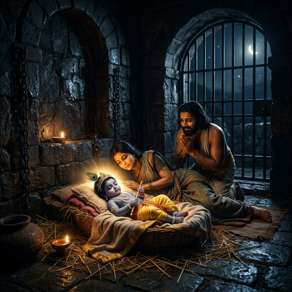 Infant Krishna rests in a basket as two adults pray nearby