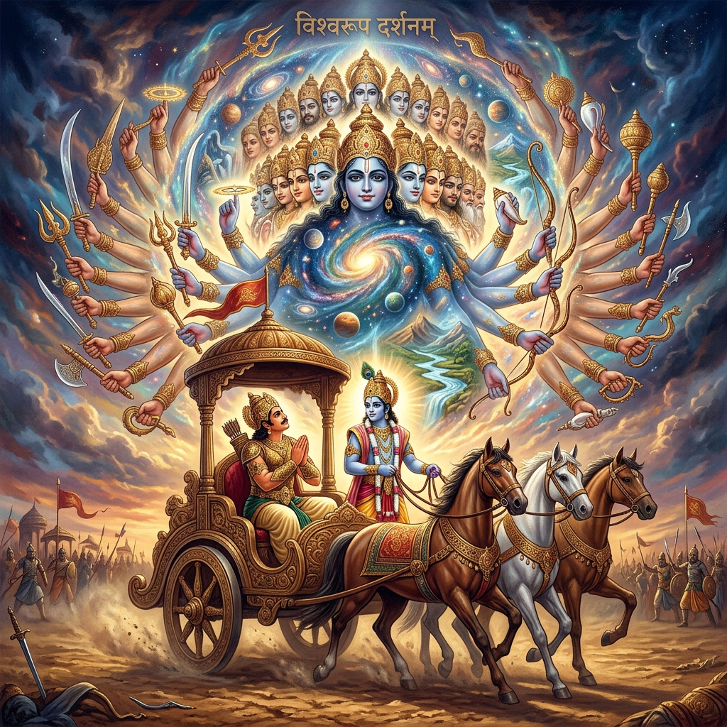 Krishna reveals his cosmic form to Arjuna beside a chariot; text reads विश्वरूप दर्शनम्