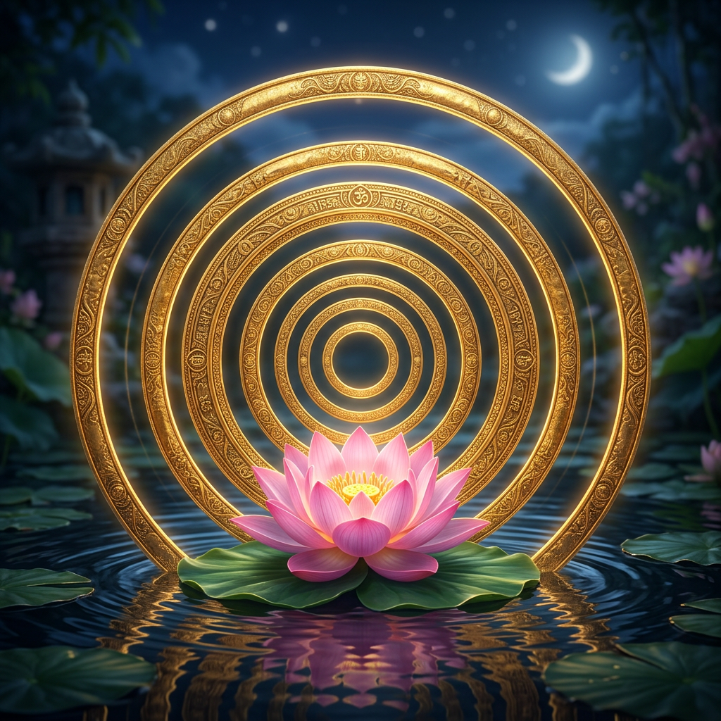 Pink lotus beneath concentric golden rings on a moonlit pond