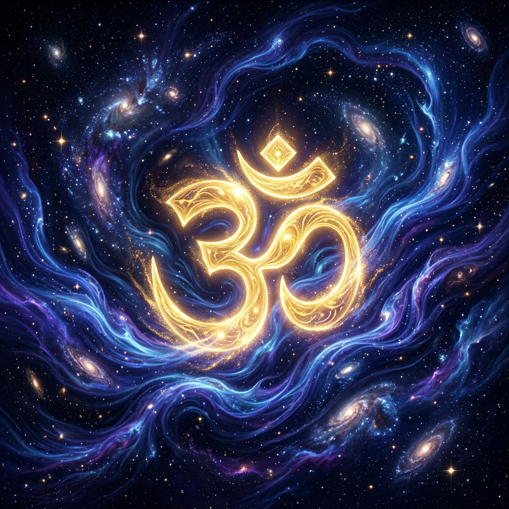Glowing golden Om symbol surrounded by swirling galaxies and stars