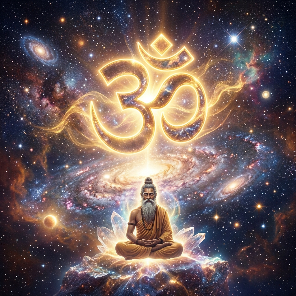 Meditating person beneath glowing Om symbol with Sanskrit text, galaxies, stars, and lotus