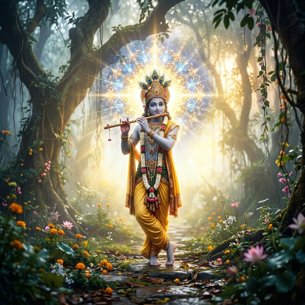 Krishna figure playing a flute on a flower-filled forest path
