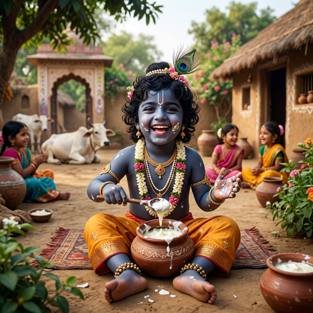 Child dressed as Krishna holding butter beside a clay pot