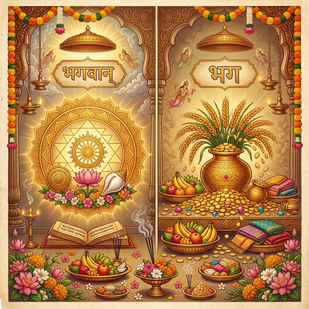 Vishnu and Lakshmi seated on ornate thrones with devotional offerings