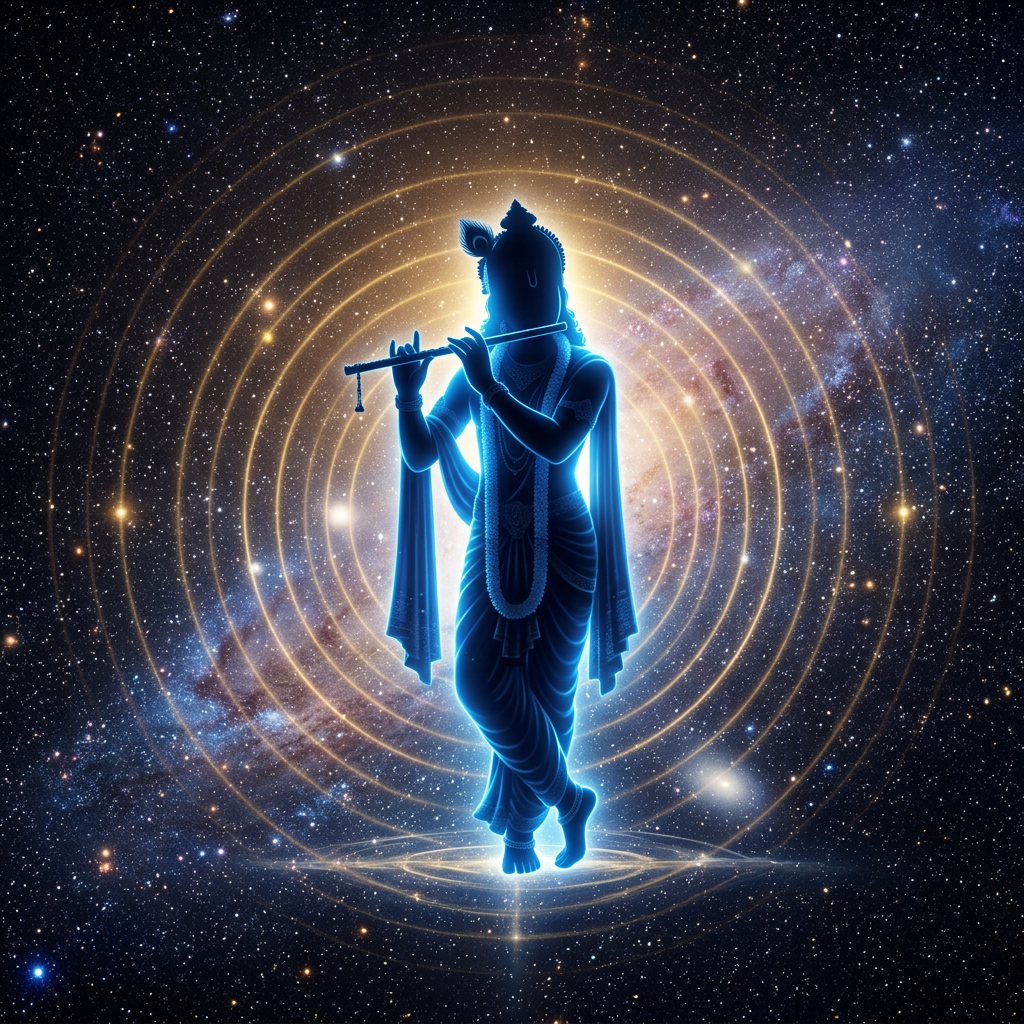 Blue figure of Krishna playing a flute amid stars and golden rings