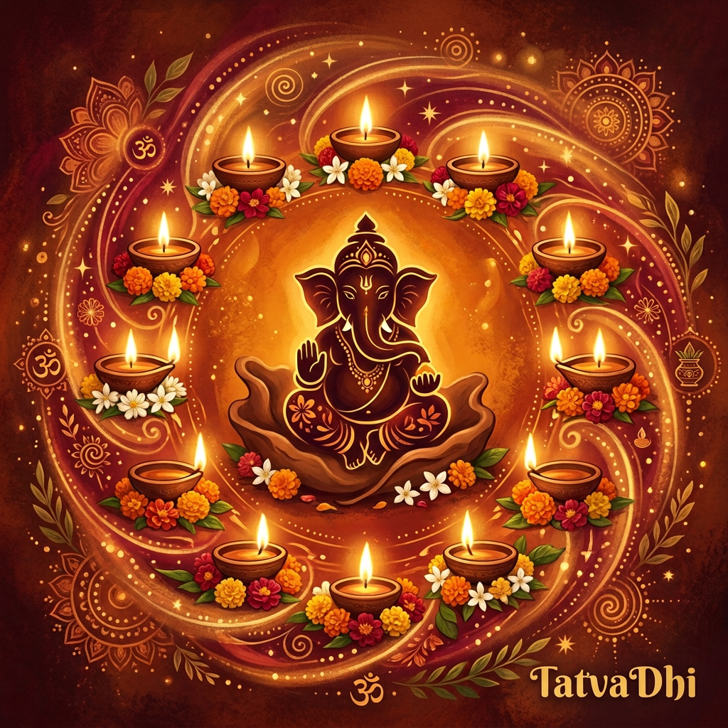 Lord Ganesha surrounded by lit diyas, flowers, and sacred Om motifs